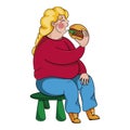 Fat girl eating a burger sitting in a children`s chair. obese woman eating junk food.